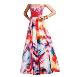 Faviana White Splash Print Multicolor Strapless Prom Dress Size 4